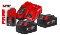 Енергокомплект Li-Ion MILWAUKEE, M18 NRG-502 (зарядний пристрій M12-18 FC, 2 акумулятори М18 В5 5Аг) + подарунок акумулятор M12