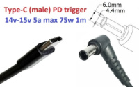 Кабель-переходник триггер PD 14v-15v Type-C (max 5a, 75w) на 6.0x4.4 or 6.5x4.0mm (+pin) 1m з USB Type-C (male) Power Delivery PD тригер (A class) 1