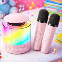 Портативная блютуз колонка караоке Smart portable speaker K-19 5W, Розовый, музыкальная колонка с микрофонами