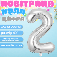 Воздушный шар в виде цифры 2 серебро,40 дюймов, фольгированый, для праздников для дня рождения,