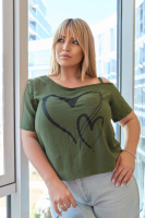 Літня блузка з відкритим плечем «Elis»| Норма і батал | Розпродаж моделі Хакі, 46-48