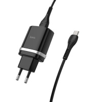 Мережевий адаптер з кабелем Hoco C12Q Smart QC3.0 (1USB/3A) + MicroUSB (Чорний) - купити в SmartEra.ua