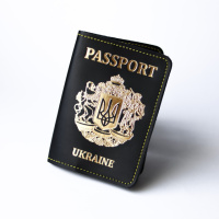 Шкіряна Обкладинка для паспорта «Passport+великий Герб України»,чорна з позолотою+жовта нитка