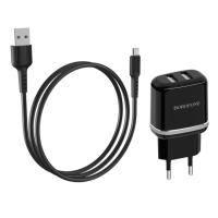 Сетевое зарядное устройство Borofone BA25A 2 USB черное + кабель USB to MicroUSB