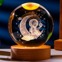 3D ночник «Хрустальный Шар девочка на Луне с планетой», светодиодный настольный ночник в детскую, led ночник