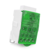 Параллельный разветвитель-сплиттер UKK500, 11 выходов (латунь) 2х35мм²+5х16мм²+4х10мм², вход 3х15...8х24мм², AC/DC 1000V, 500А, 95*50*50мм, GREEN