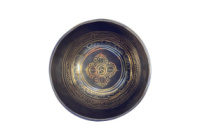 Тибетська співаюча чаша з гравіюванням Подвійний Дордже + Мантра + Біла Раковина Дхарми 15.5 см