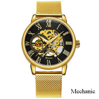 Чоловічий механічний годинник Forsining 8099M Gold-Black Mesh з автопідзаводом та мінеральним склом