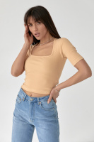 Укорочена жіноча футболка з квадратним вирізом — бежевий колір, L (є розміри)