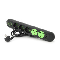 Сетевой фильтр F02U, 3 розетки EU + 2 розетки Universal + 3 USB, 1.5 м, сечение 3х0,75мм, 2500W, Black, Bag