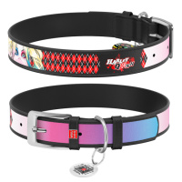 Нашийник для собак шкіряний WAUDOG Design з QR паспортом, малюнок «Харлі Квін», Ш 25 мм, Дов 38-49 см, чорний