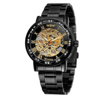 Механічний годинник Winner 8012 Diamonds Automatic Black-Gold з автопідзаводом та сталевим браслетом