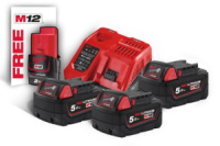 Енергокомплект Li-Ion MILWAUKEE, M18 NRG-503 (зарядний пристрій M12-18FC, 3 акумулятори M18 В5 5Аг) + подарунок акумулятор M12 B