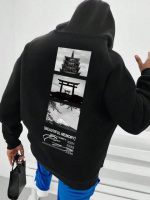 Чоловіче чорне стильне оверсайз худі з трендовим принтом