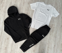 Комплект 3 в 1 Демісезонний спортивний костюм Under Armour чорний худі + чорні штани (двонитка) + Футболка біла Under Armour