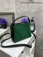 Зелена з чорним — натуральний замш — стильна сумочка на три відділення  (0388-1)