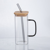 Чашка стеклянная 400 мл с бамбуковой крышкой и стеклянной трубочкой HP-19-146