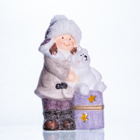 Новогодняя фигурка с подсветкой Девочка с медвежонком из фарфора 12×7×20 (см) новогодний декор для дома, квартиры на подарок CR-5-5