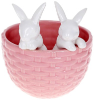 Декоративное кашпо «Кролики в корзинке» 14х13.5х15см, керамика, розовый с белым