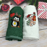 Набор махровых кухонных полотенец Турция Новый год Мишка с подарками Пингвин 13938 30х50 см 2 шт