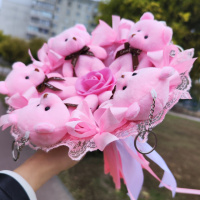 Ніжно-рожевий букет із 5-ти рожевих ведмедиків. Букет з м'яких іграшок