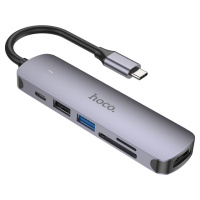 Перехідник Hoco HB28 Multi-function 6in1 (Type-C to HDTV+USB3.0+USB2.0+SD+TF+PD), Metal gray - купити в SmartEra.ua