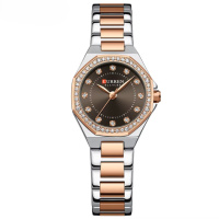 Жіночий годинник Curren 9100 Silver-Rose Gold-Brown з металевим браслетом та мінеральним склом