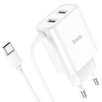 Сетевое зарядное устройство Hoco C103A 2 USB белое с кабелем Type-C