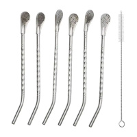 Набор многоразовых ложек-трубочек 6 шт для напитков 19.5 см с щеткой для мытья из нержавеющей стали Серый HP-20-54