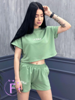 Костюм спортивний з шортами «La perla» оптом | Розпродаж моделі Фісташковий, 42-44