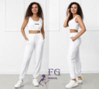 Легкий трикотажний костюм-двійка «Не беси» оптом | Розпродаж моделі Білий, 46-48