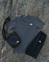 Чоловічий комплект футболка темно-сіра The North Face + Шорти + Барсетка