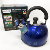 Чайник Rainberg RB-625 із нержавіючої сталі зі свистком 3л гарний чайник для газової плити. Колір: синій