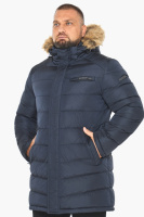 Куртка мужская зимняя удлинённая с опушкой на съёмном капюшоне - 49718 Braggart тёмно-синий цвет