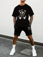 Чоловічий чорний трендовий спортивний літній костюм з яскравим дизайном