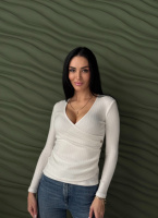 Легка кофтинка в рубчик на запах «Aura» | Норма і батал Молочний, 46-48