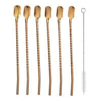 Набор многоразовых ложек-трубочек 6 шт для напитков 22 см с щеткой для мытья из нержавеющей стали Бронзовый HP-20-20