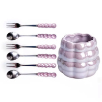 Набор десертных вилок и ложек на 3 персоны с подставкой из фарфора 7 предметов Фиолетовый HP-20-59