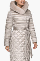 Куртка женская Braggart длинная зимняя с поясом и опушкой из кролика на капюшоне - 31012 светло-серый цвет