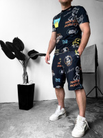 Чорний комфортний чоловічий літній спортивний костюм-двійка з яскравим дизайном