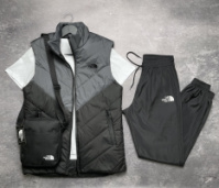 Чоловічий комплект The North Face Clip жилетка сіро-чорна + біла футболка + штани + барсетка у подарунок