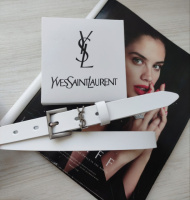 Женский узкий кожаный ремень Yves Saint Laurent white пряжка хром