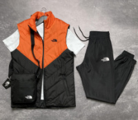 Чоловічий комплект The North Face Clip жилетка помаранчево-чорна + біла футболка + штани + барсетка у подарунок