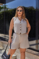 Літній жіночий костюм з шортами з льону «Aspen» оптом | Батал Бежевий, 54-56