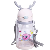 Бутылка для воды детская 550 мл на ремешке бутылочка с трубочкой для спорта и школы Бежевая HP-14-44BE