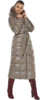 Куртка женская зимняя длинная с опушкой из кролика на капюшоне и поясом - 59485 цвет тауп