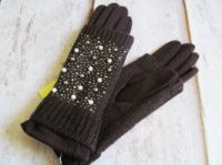 Перчатки митенки в стразах на меху коричневый