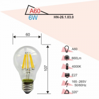 Лампа LED светодиодная лампа A60 6W E27 4000K филамент