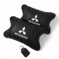 Подушки Mitsubishi из натуральной кожи, Автоподушки на подголовник + кожаный брелок с логотипом.