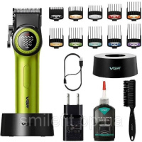 Професійна машинка для стрижки волосся VGR V-001 з дисплеєм 9000 об/хв та 10 насадками. Колір: зелений